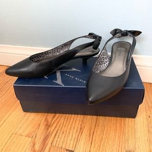 Anne Klein Black Leather Bow Slingback Heels